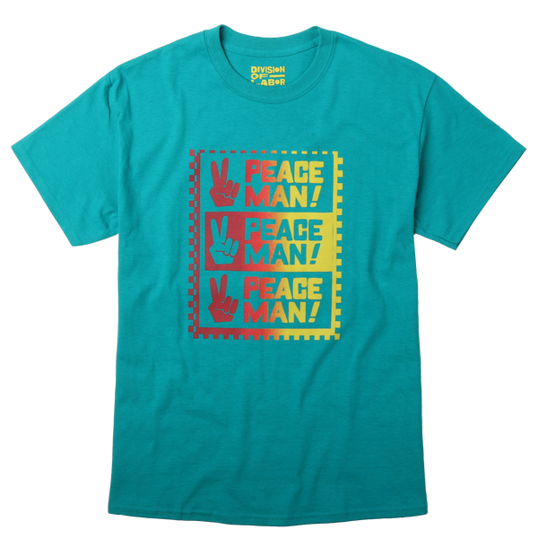 Peace Man gradation graphic print on teal green tee. Front image