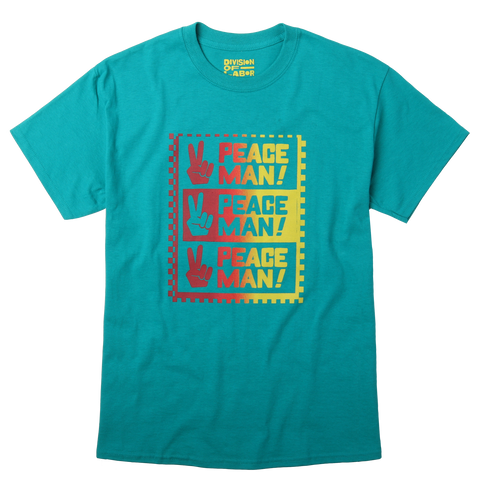 Peace Man gradation graphic print on teal green tee. Front image
