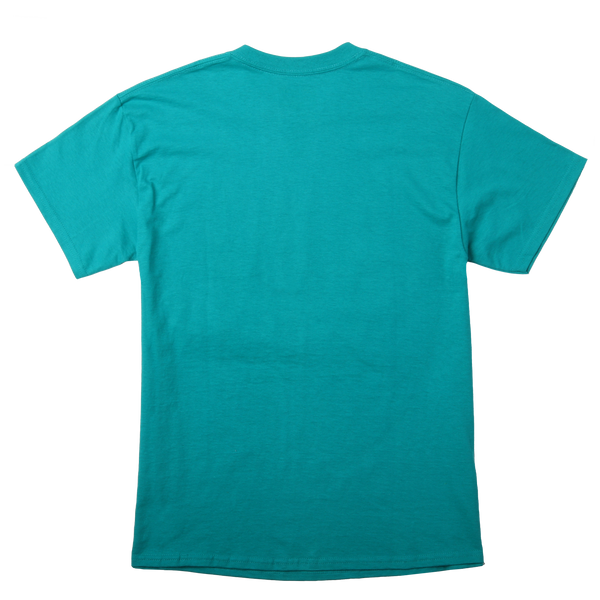 Peace Man gradation graphic print on teal green tee. Back image