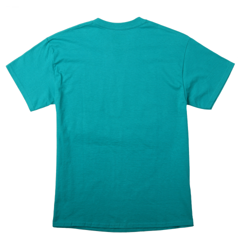 Peace Man gradation graphic print on teal green tee. Back image