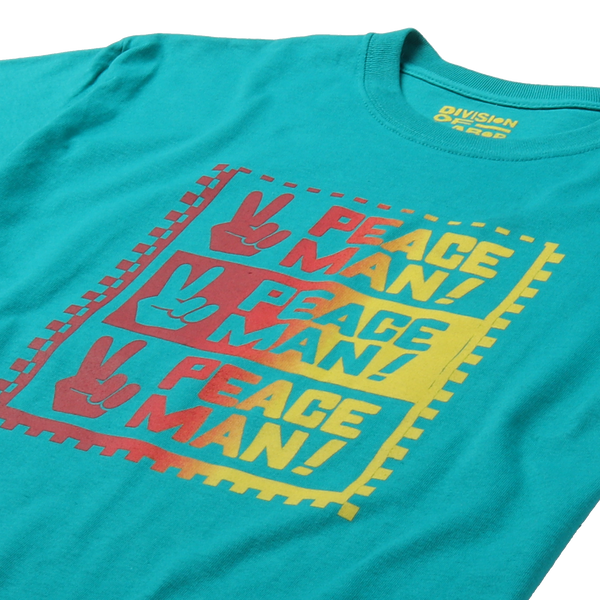 Peace Man gradation graphic print on teal green tee. Front image close up