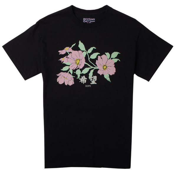 DOL ( Division of labor) Hope, positive message with Japanese characters with flowers on  black t-shirt Front image
